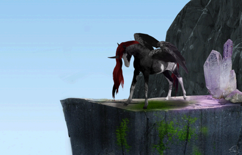 A photo manipulation of a grey and red alicorn on a cliff