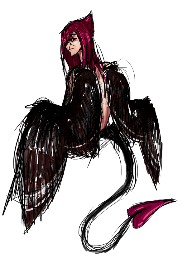 Magenta haired demon-angel character looking back at the viewer